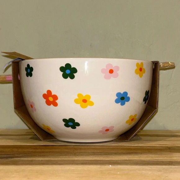 Sunday Morning Ceramics Floral Noodle Bowl with Spoon & Chopsticks. NWTS! - Picture 9 of 11